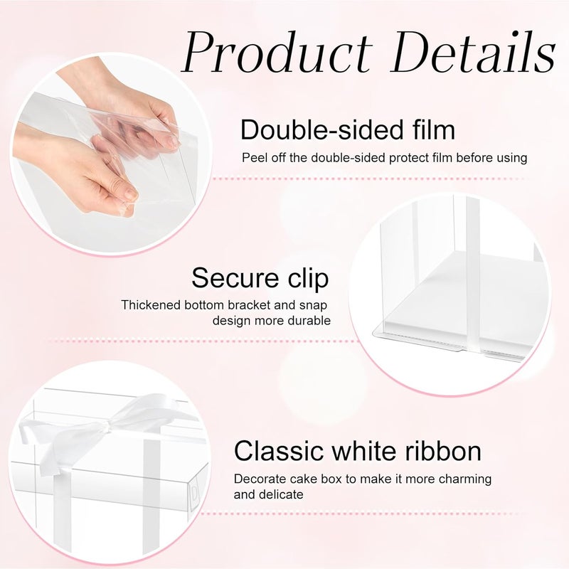 Ocmoiy 10x10x12Inch Clear Cake Box, 5 Pcs Tall Cake Boxes with Ribbon, Treat Transport Boxes for Wedding, Birthday, Party - Image 3